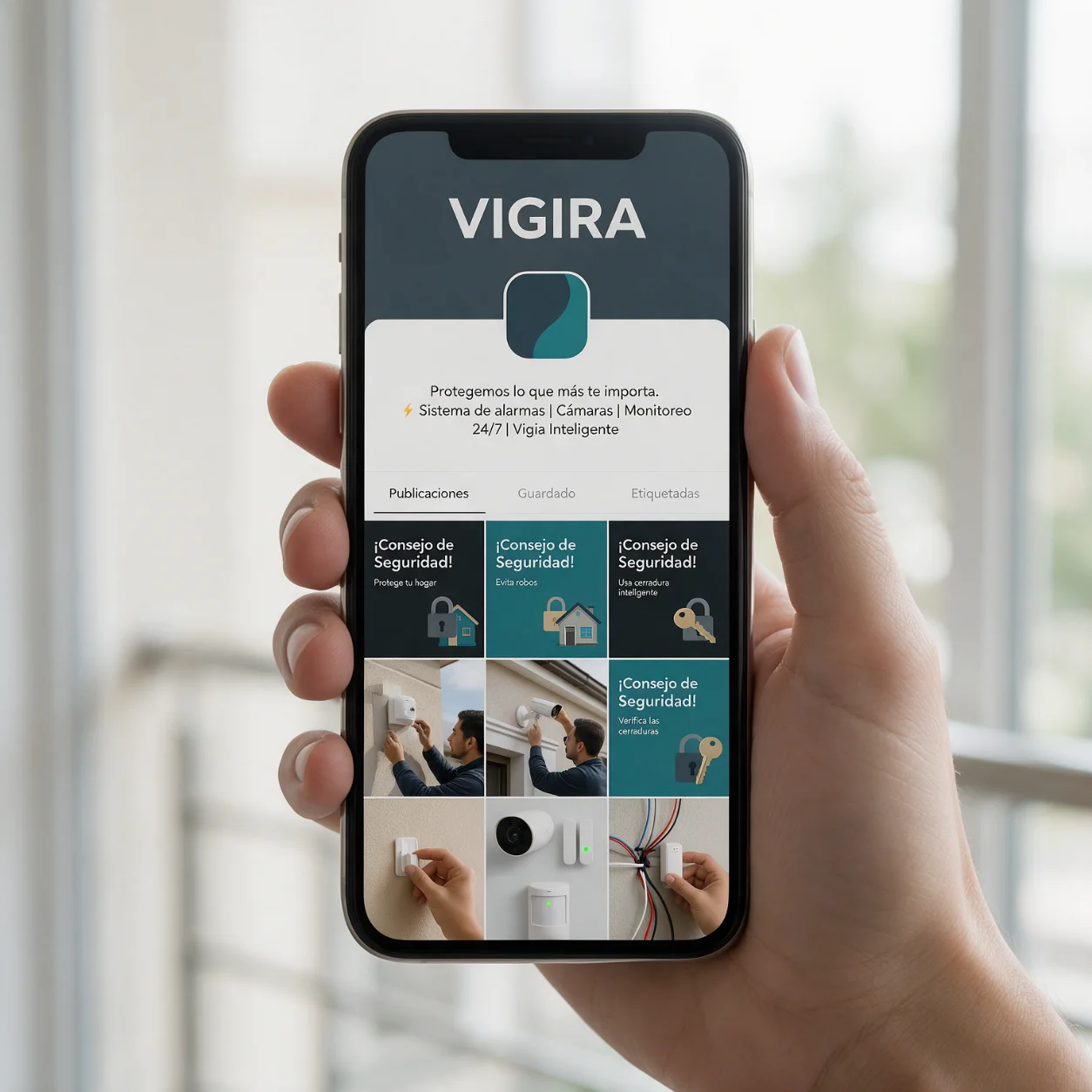 Telemóvel com o perfil de redes sociais de uma empresa de segurança