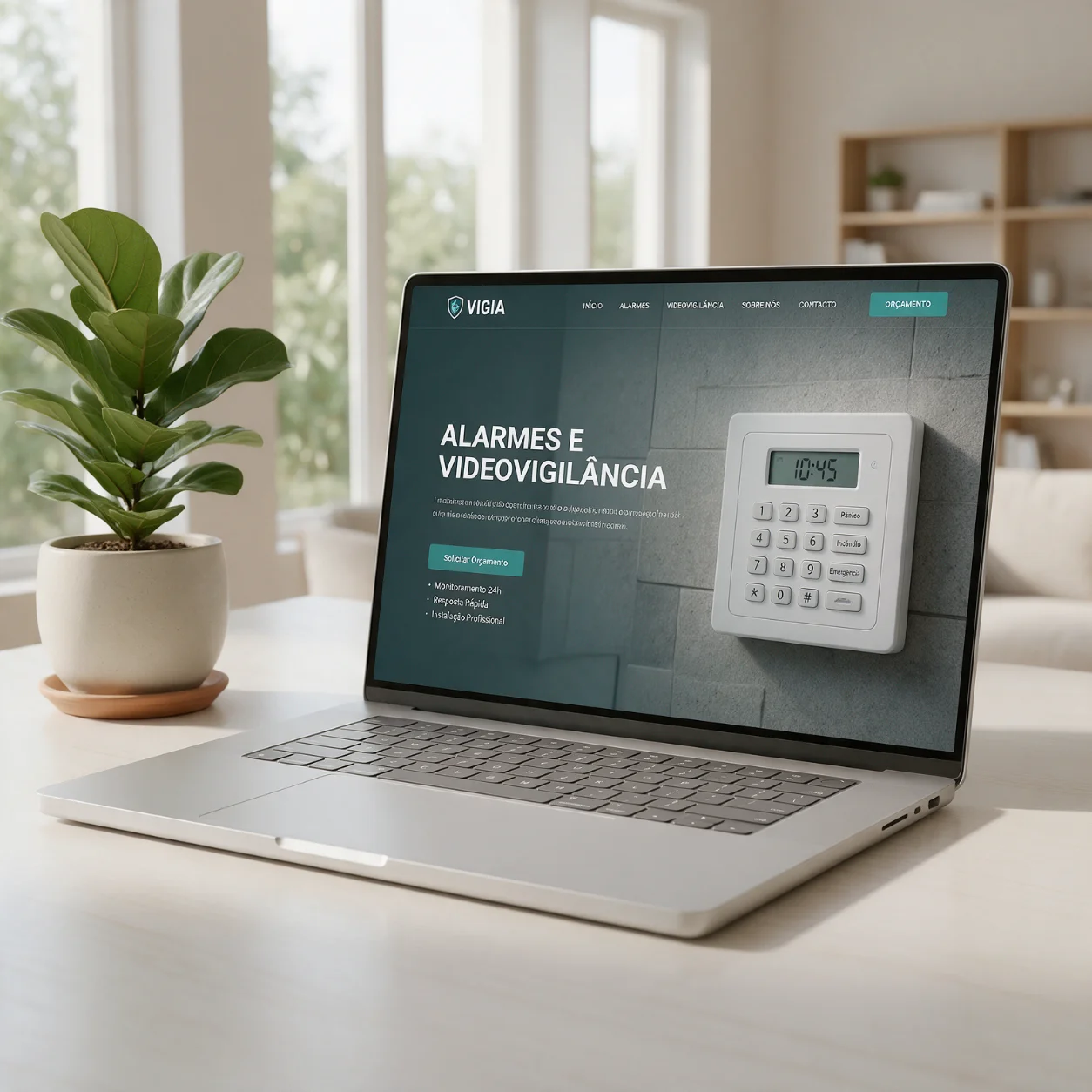 Portátil com o site de uma empresa de segurança e alarmes