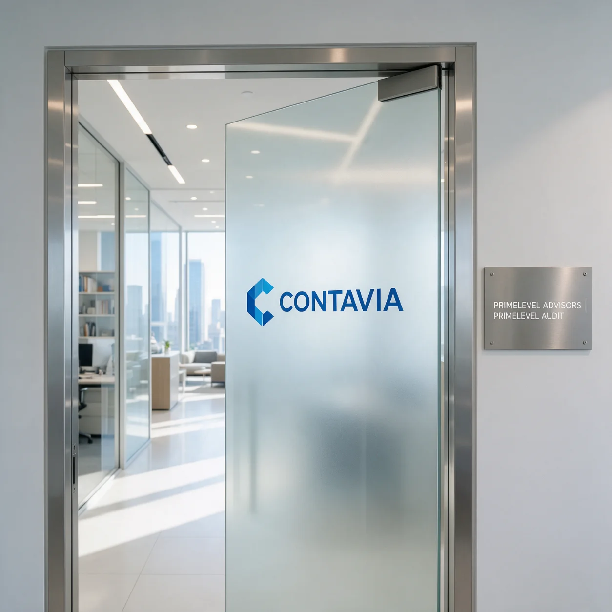Sinalética em vidro de um gabinete de contabilidade com o logótipo