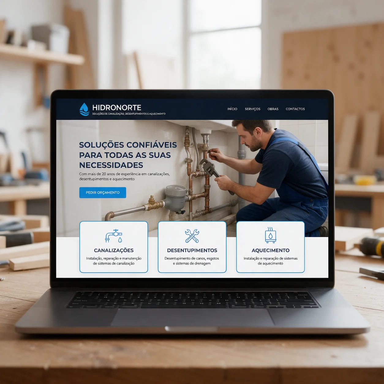 Portátil com o site de uma empresa de canalização