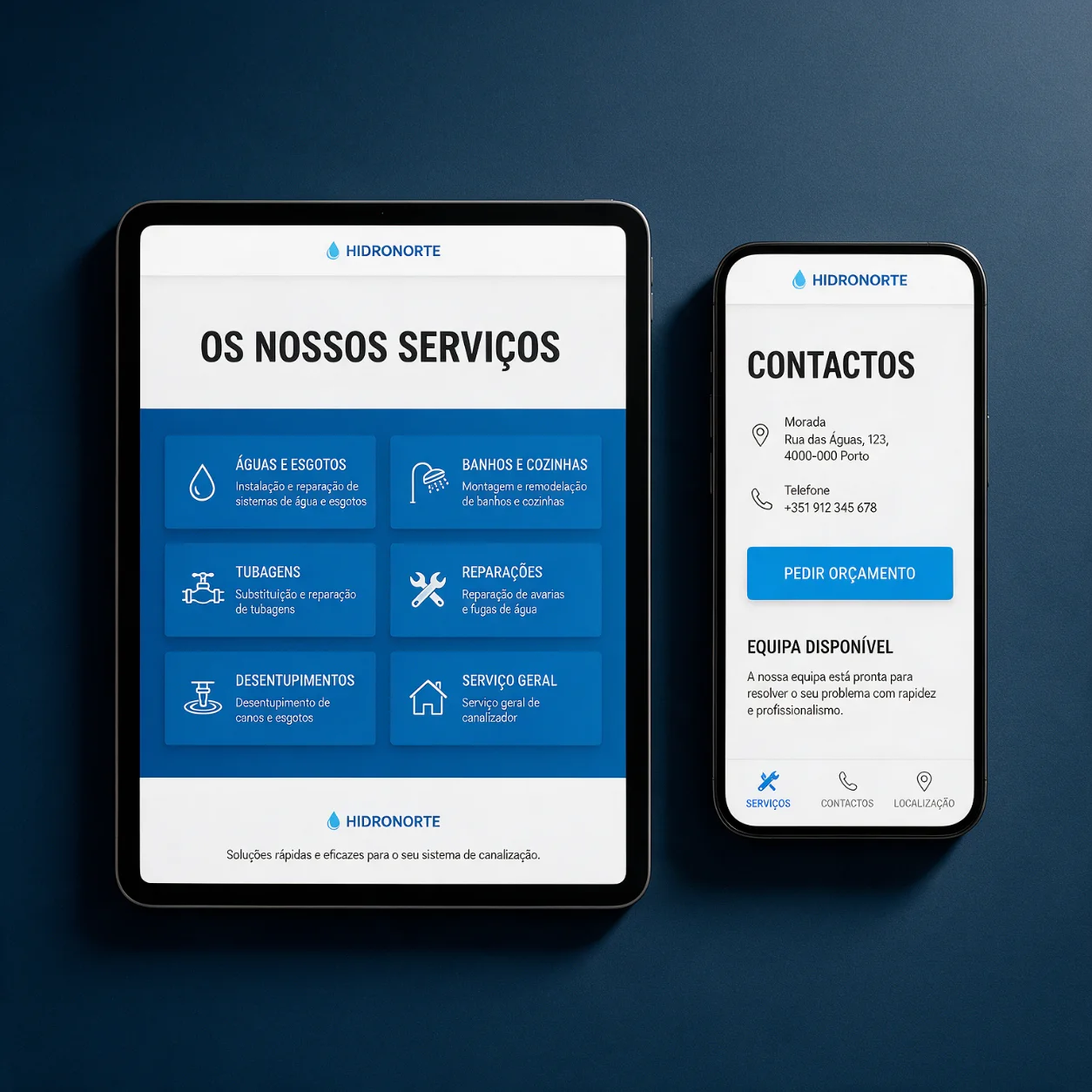 Tablet e telemóvel com páginas do site de uma empresa de canalização