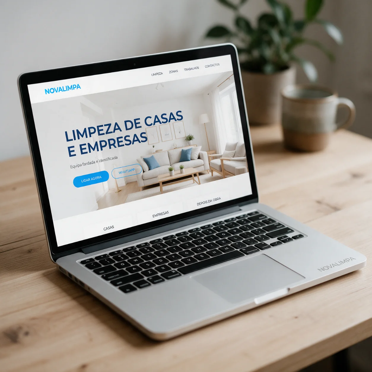Portátil com o site de uma empresa de limpeza