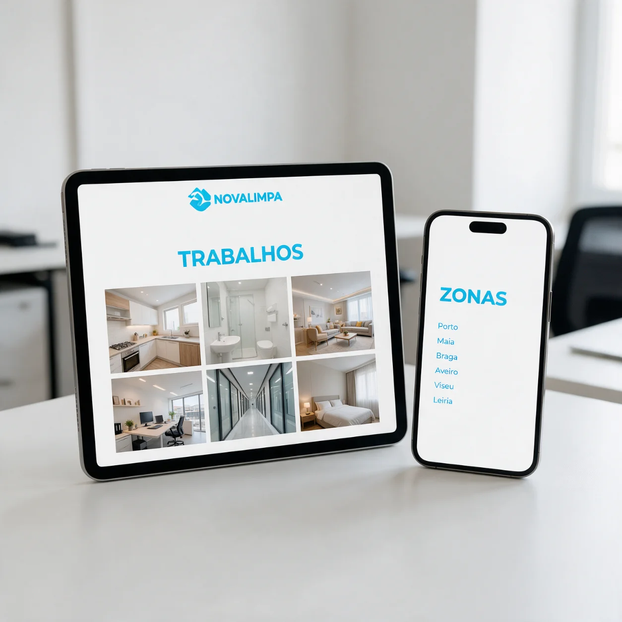 Tablet e telemóvel com páginas do site de uma empresa de limpeza