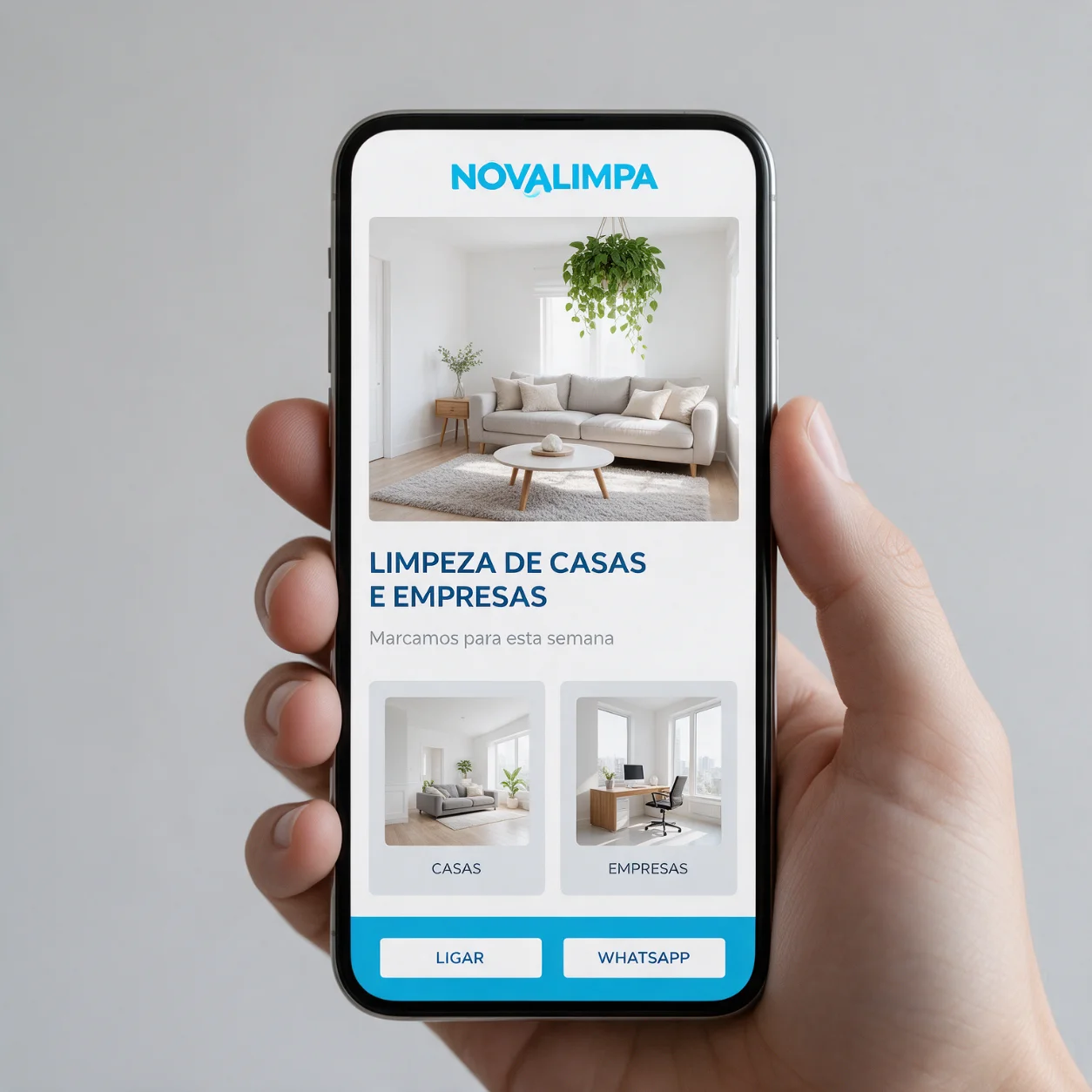 Telemóvel com a versão móvel do site de uma empresa de limpeza