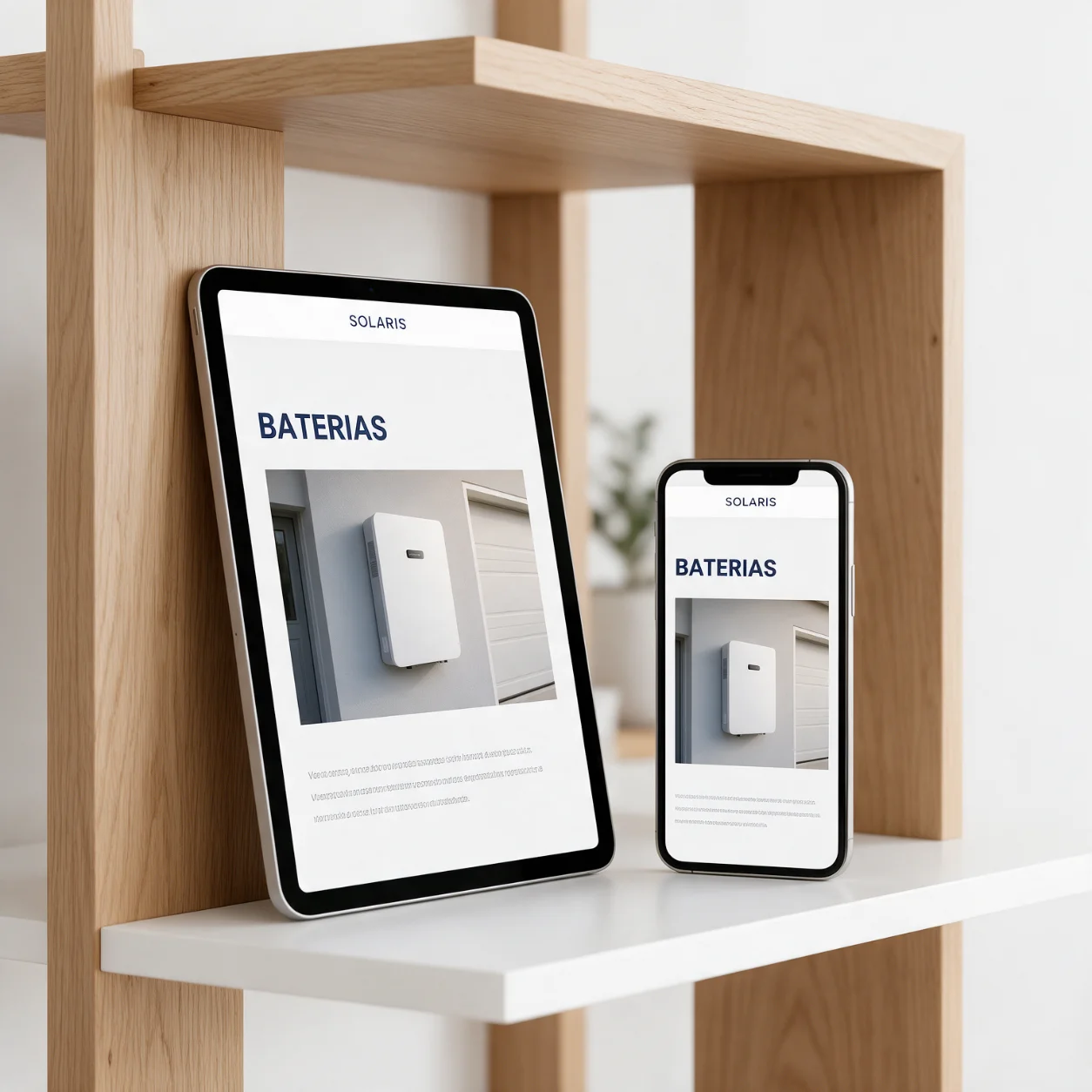 Tablet e telemóvel com a página de baterias de uma empresa de energia solar