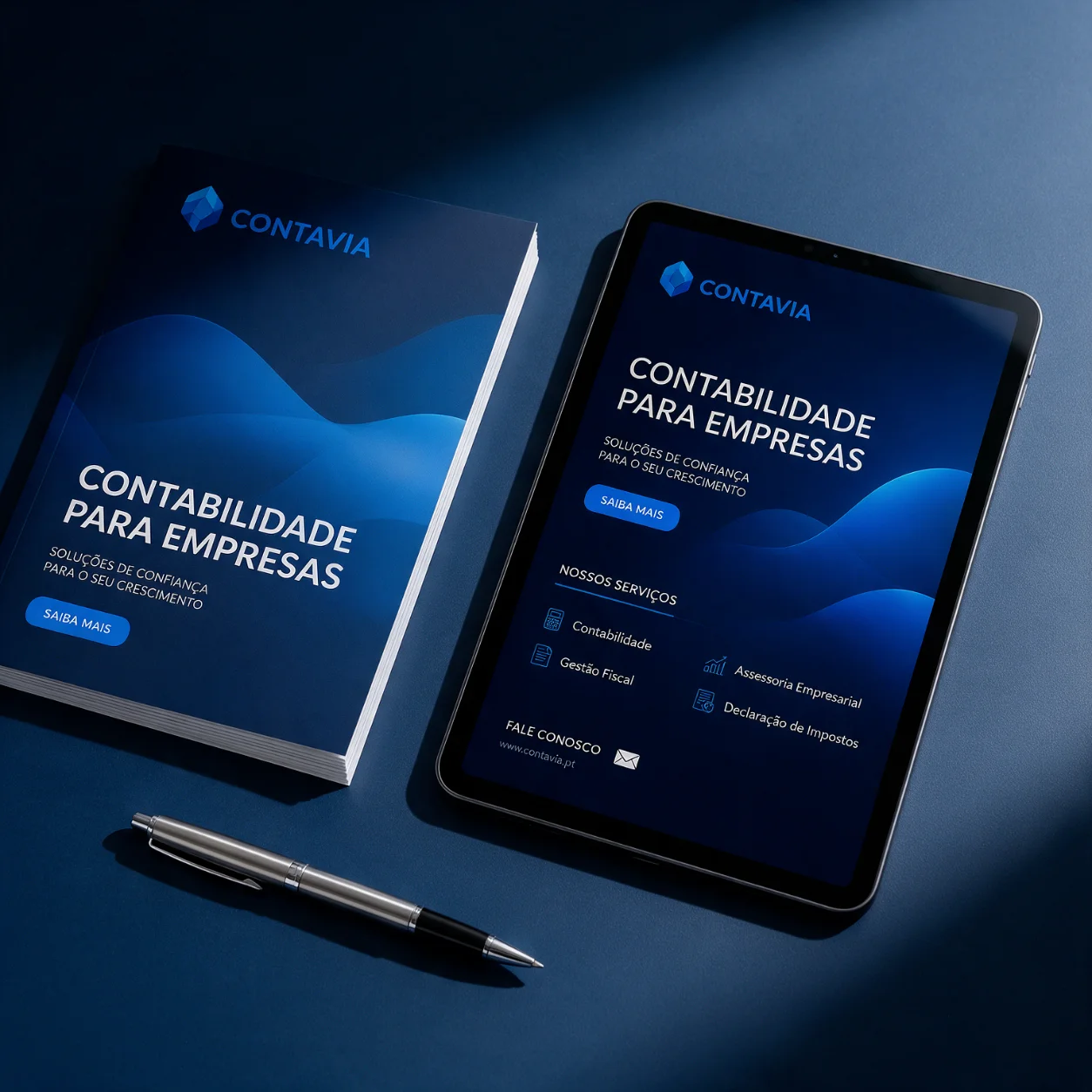 Tablet e brochura de um gabinete de contabilidade com a marca aplicada