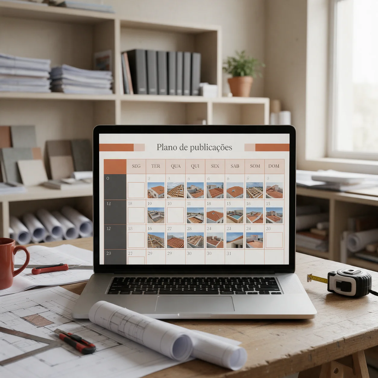 Portátil com o calendário de publicações de uma empresa de telhados Portátil com o calendário de publicações de uma empresa de telhados