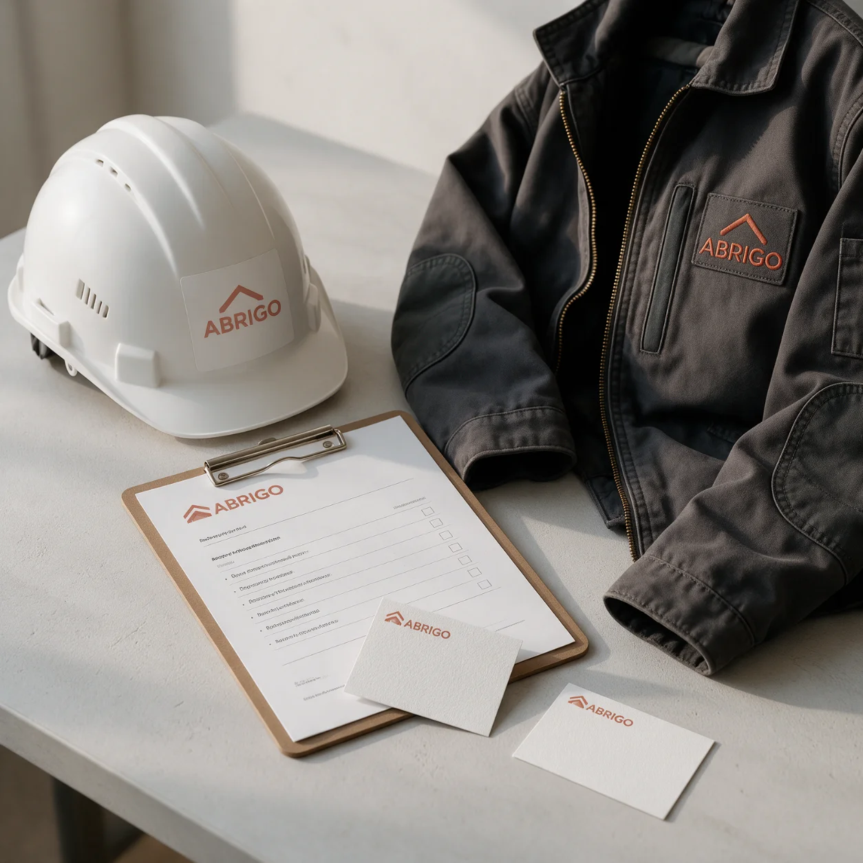 Capacete, casaco e orçamento com a marca de uma empresa de telhados