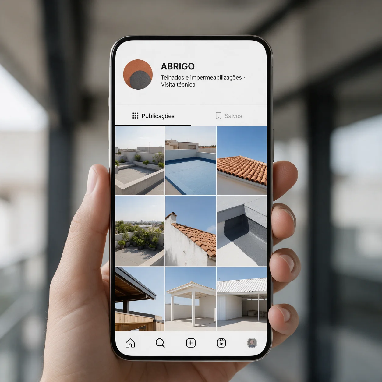 Telemóvel com o perfil de Instagram de uma empresa de telhados Telemóvel com o perfil de Instagram de uma empresa de telhados