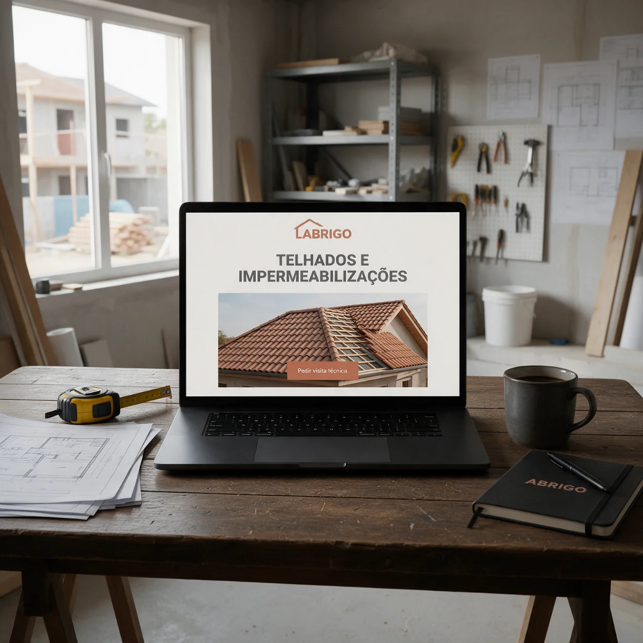 Portátil com o site de uma empresa de telhados