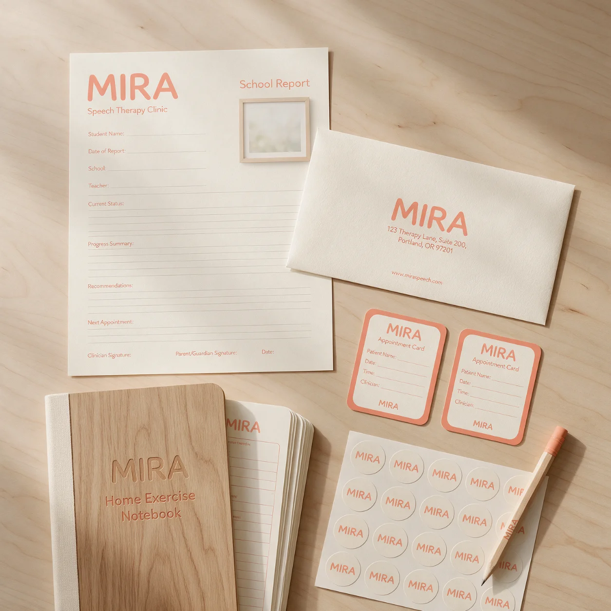 Papelaria, caderno e autocolantes de uma clínica de terapia da fala