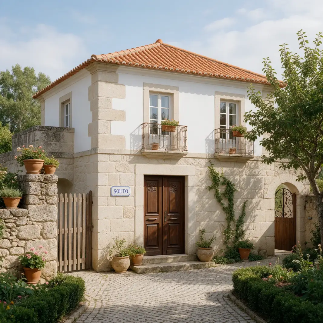 Fachada de uma casa de campo com a placa da marca