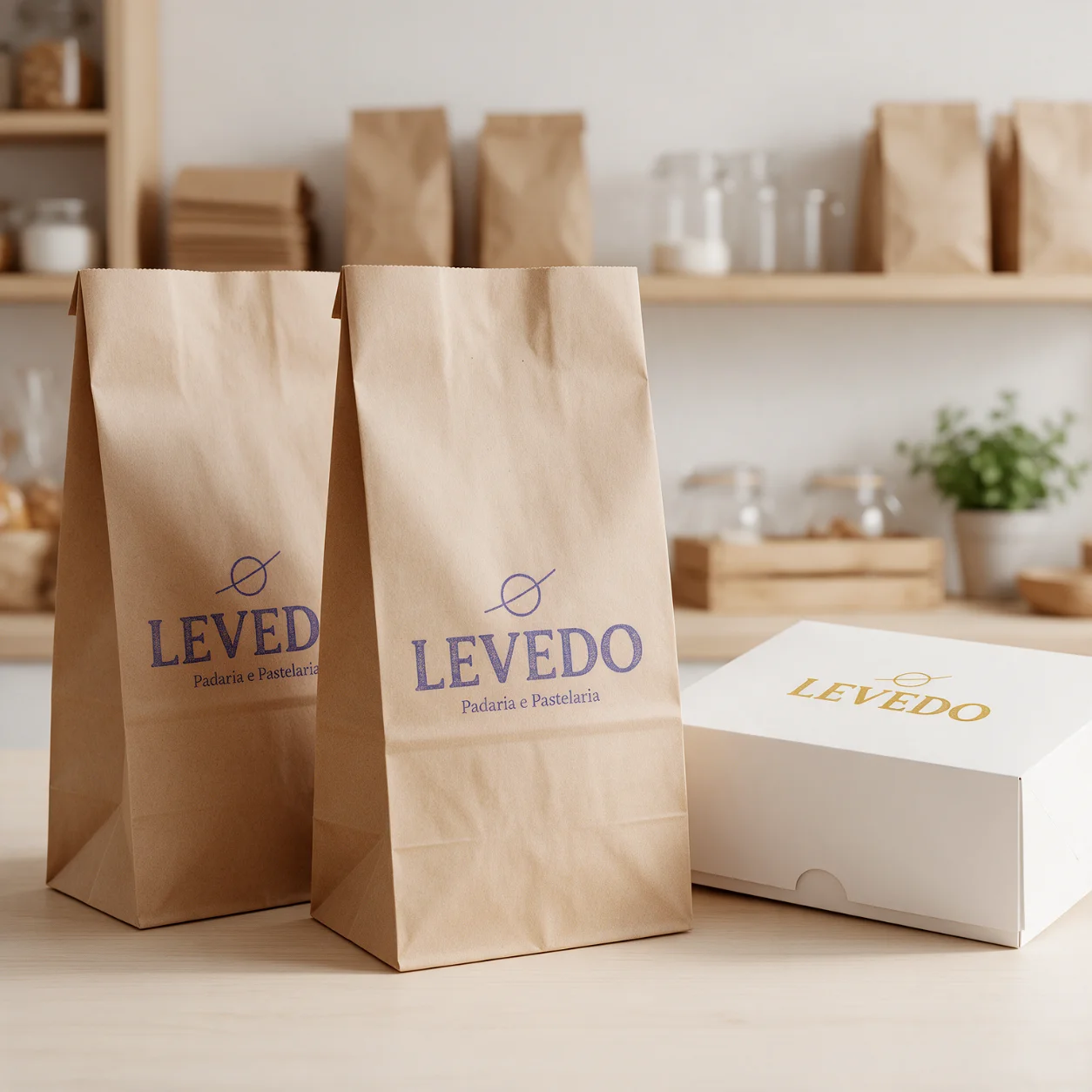 Sacos de papel e caixa de bolo com o logótipo de uma padaria e pastelaria Criação de logótipo para padarias e pastelarias: sacos de papel e caixa de bolo