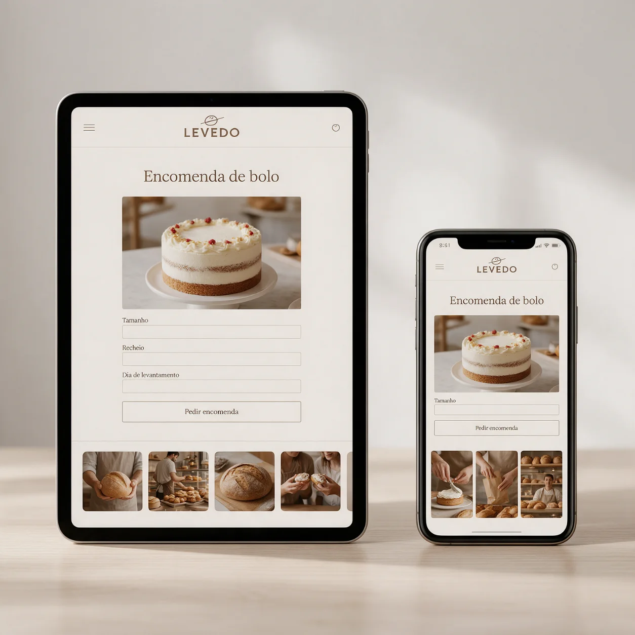 Tablet e telemóvel com a página de encomenda de bolos de uma pastelaria
