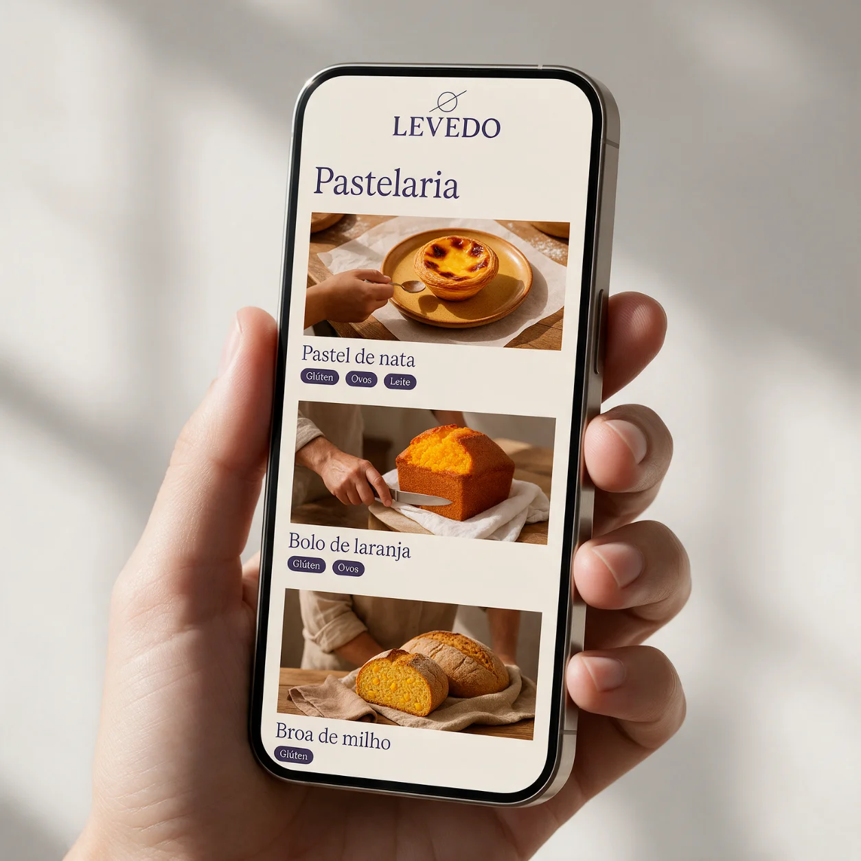 Telemóvel com os produtos e os alergénios de uma pastelaria