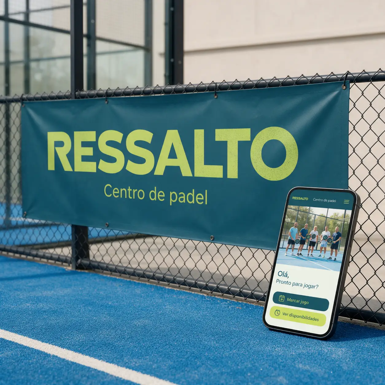 Lona com o logótipo de um clube de padel na vedação de um campo