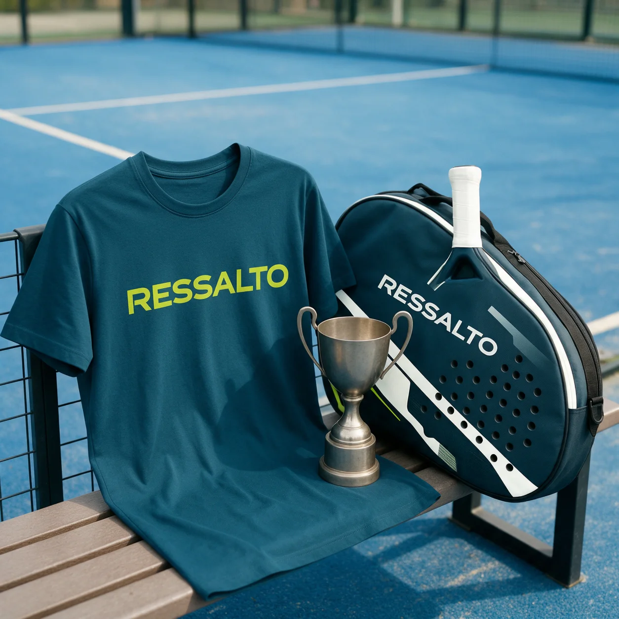 T-shirt, troféu e raqueteira com o logótipo de um clube de padel