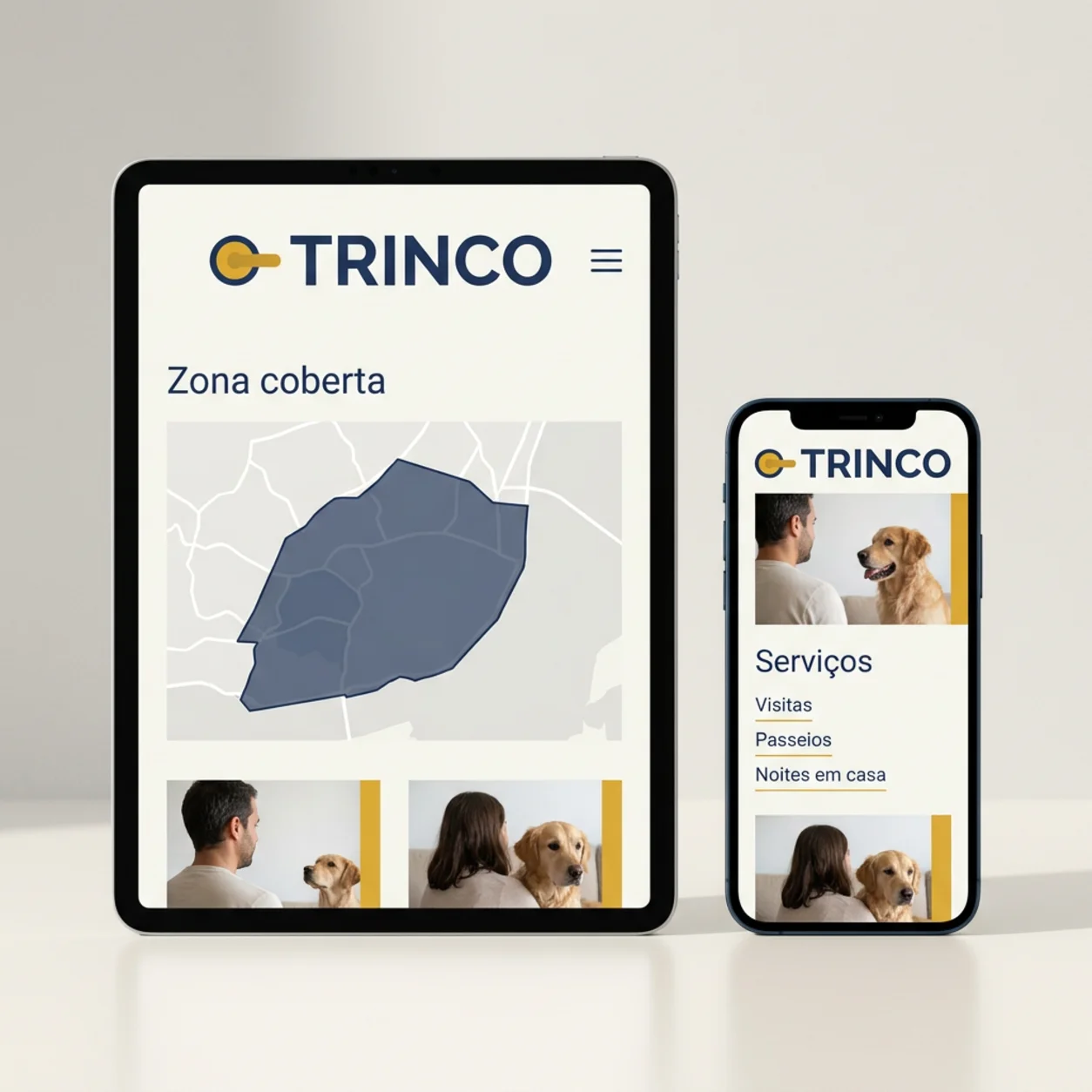 Tablet e telemóvel com a zona e os serviços de um pet sitter