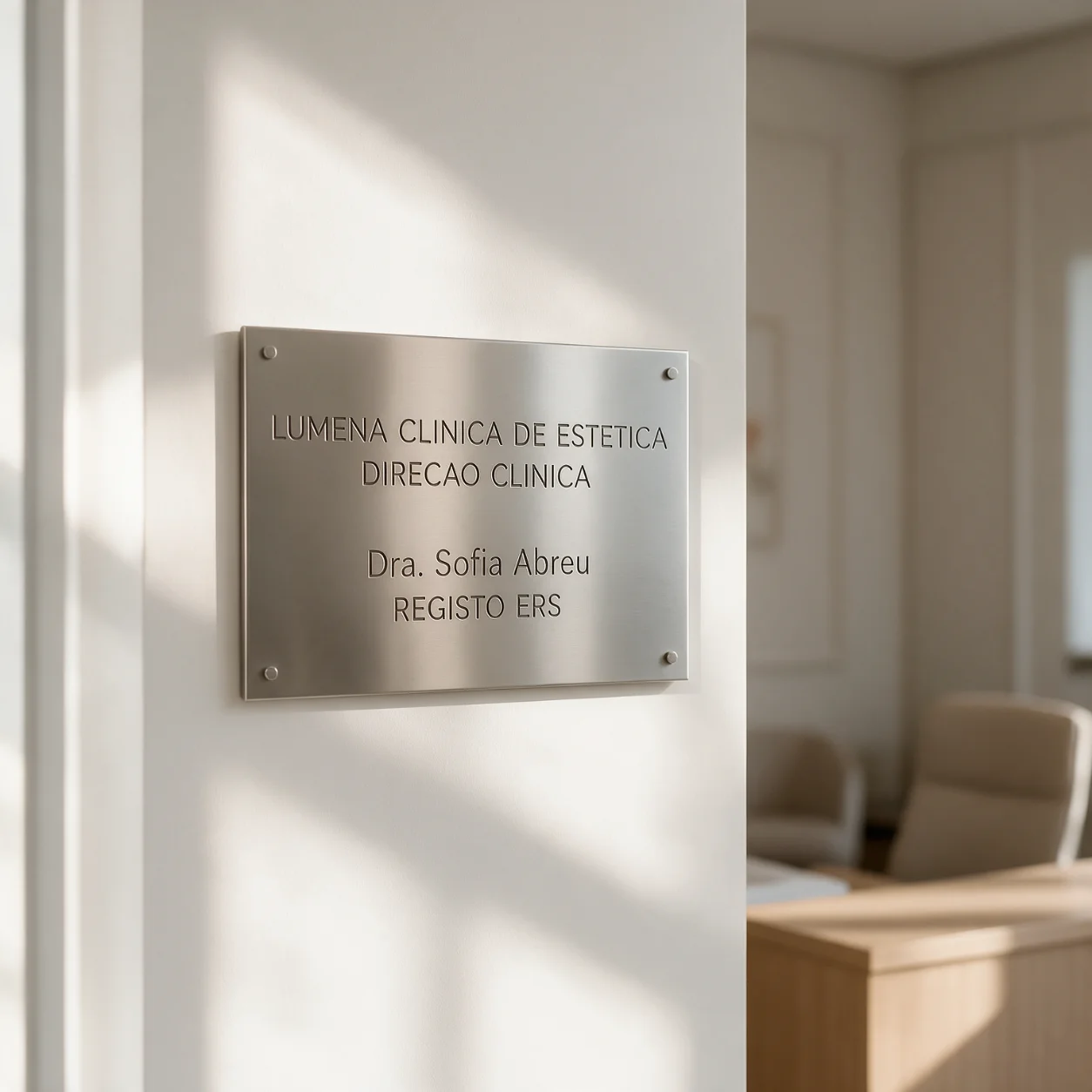 Placa de identificação do prestador na receção de uma clínica de estética