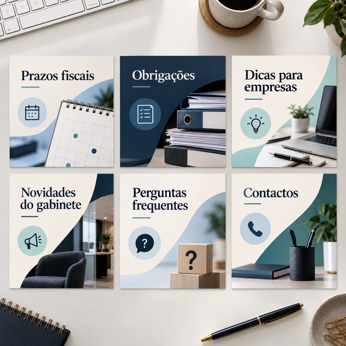 Plano ilustrativo de seis publicações para as redes sociais de um gabinete de contabilidade