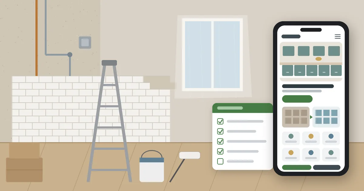 preparar-site-empresa-remodelacoes Telemóvel com o site de uma empresa de remodelações e uma lista de verificação ao lado, numa divisão em obra, a ilustrar a preparação do site
