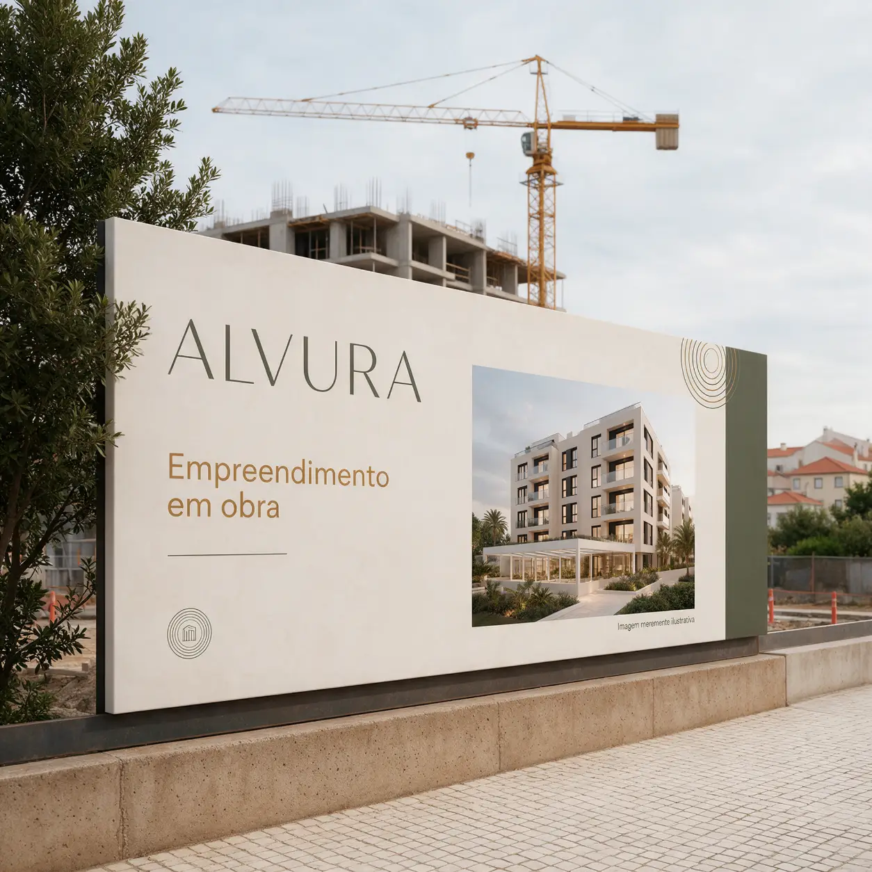 Tapume de obra com o logótipo de um promotor imobiliário