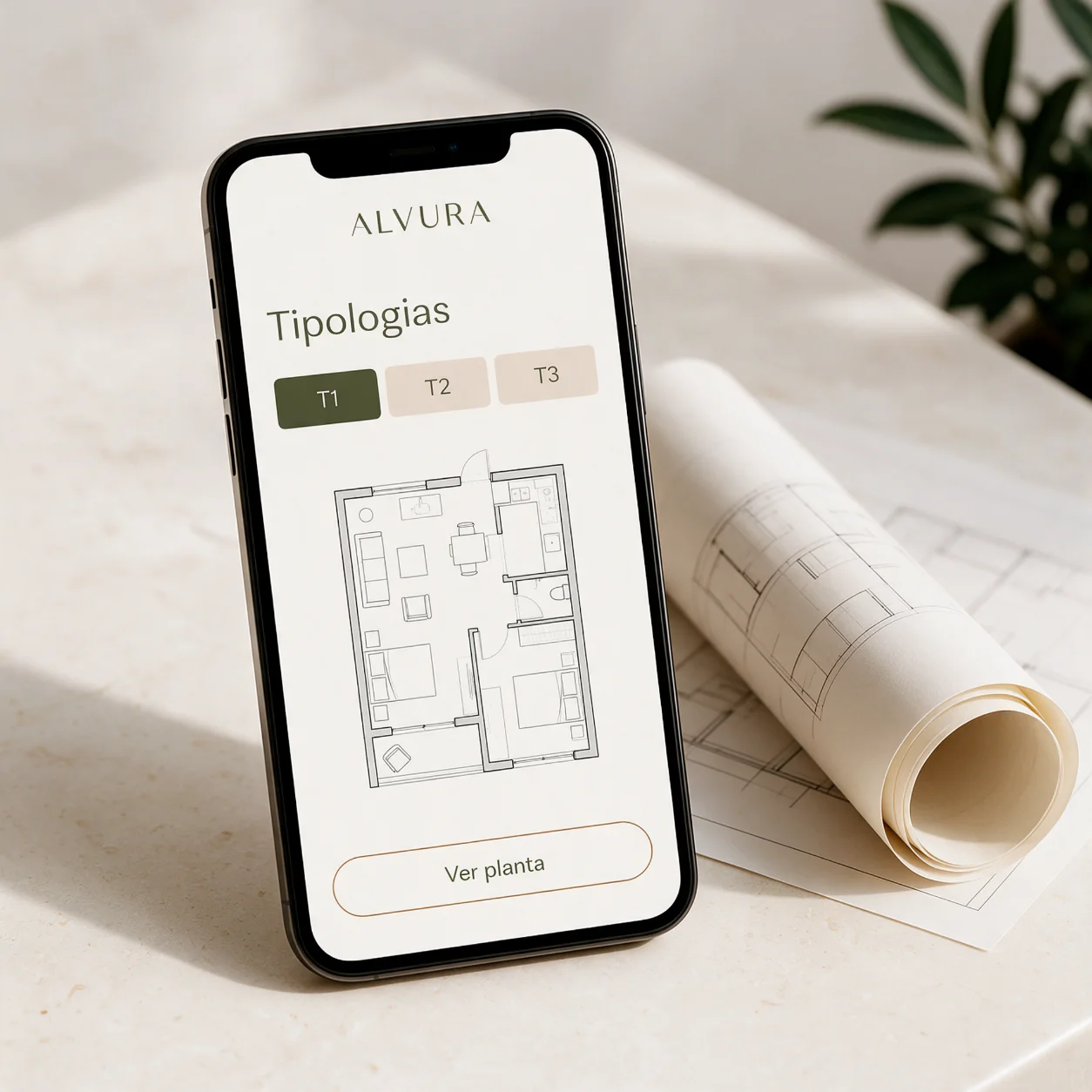 Telemóvel com a página de tipologias e plantas de um empreendimento