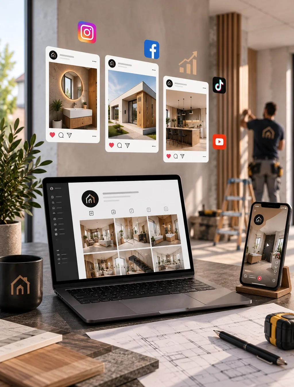 Fotografias de um trabalho de remodelação em computador e telemóvel