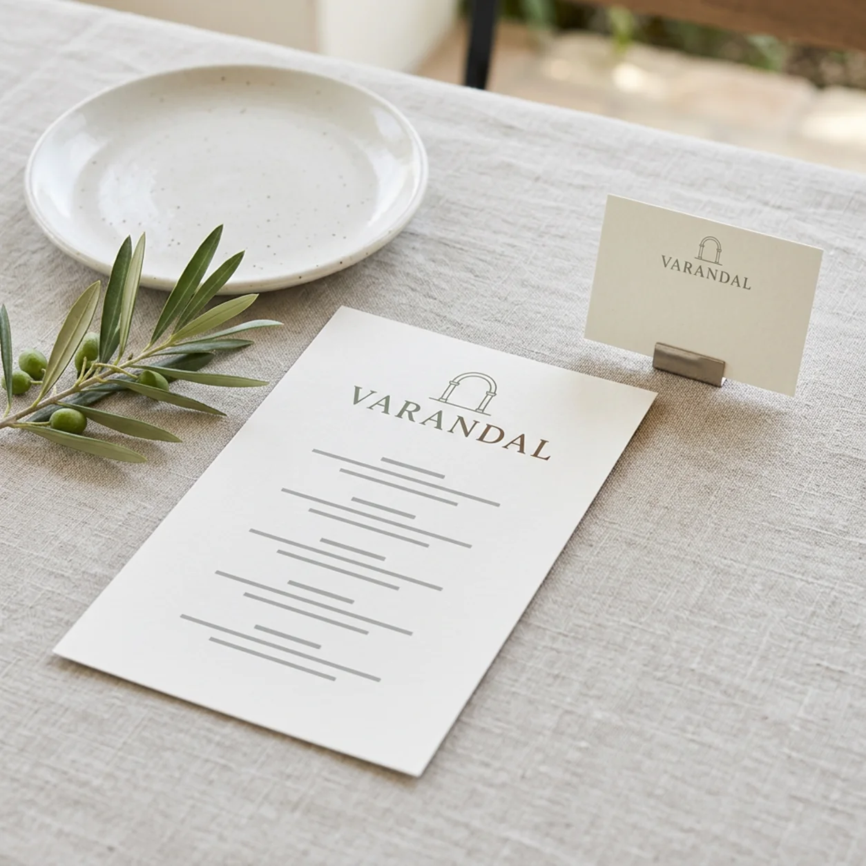 Menu e marcador de mesa com o logótipo de uma quinta de eventos