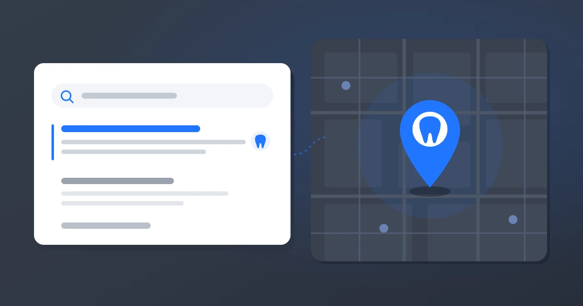 SEO para clinicas dentarias no Google Resultados de pesquisa ao lado de um mapa com um marcador em forma de dente