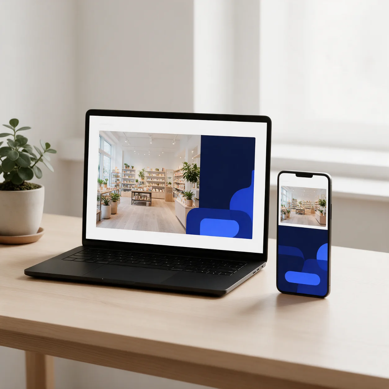 Portátil e telemóvel com o mesmo site em versão de computador e de telemóvel