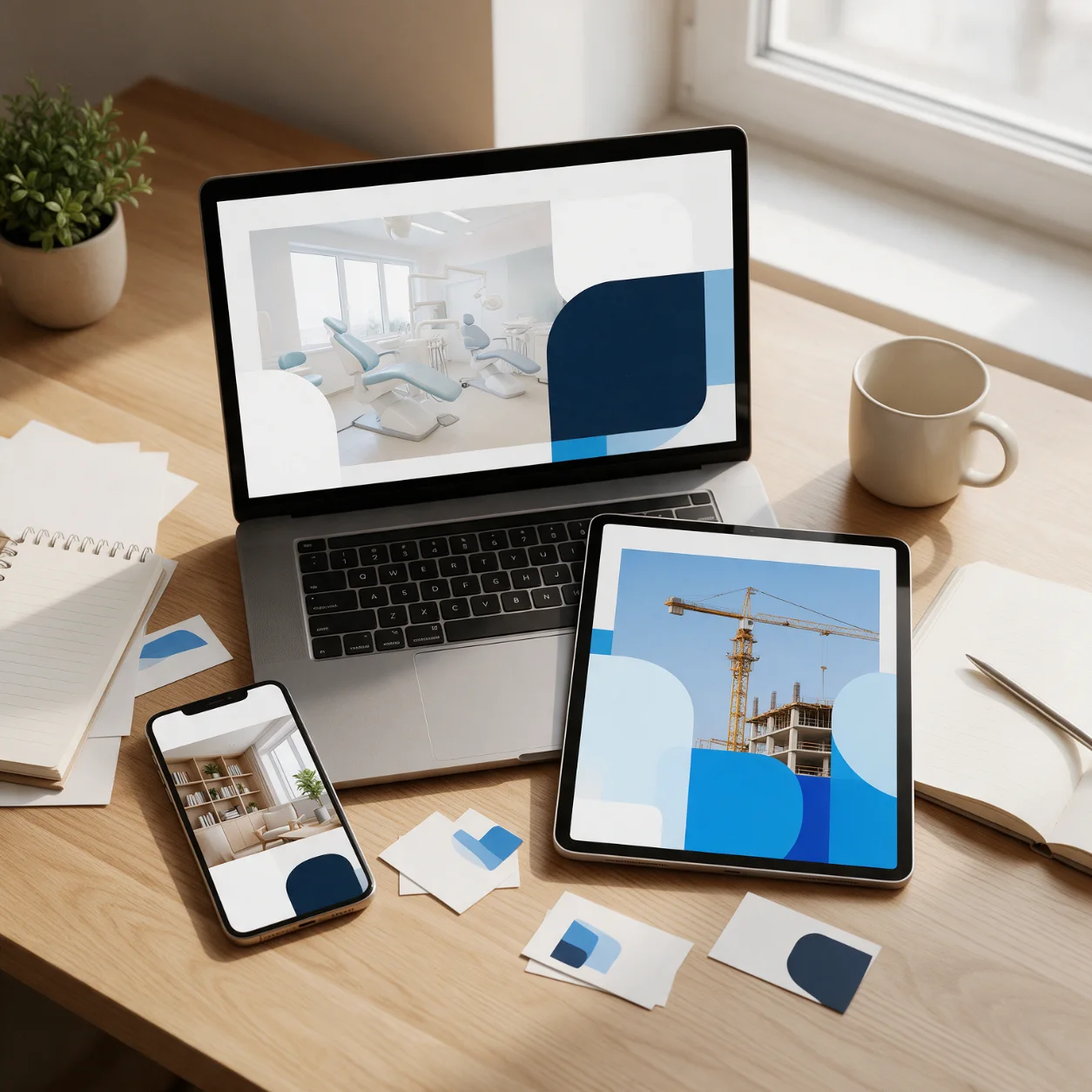 Portátil, tablet e telemóvel com sites de empresas de setores diferentes