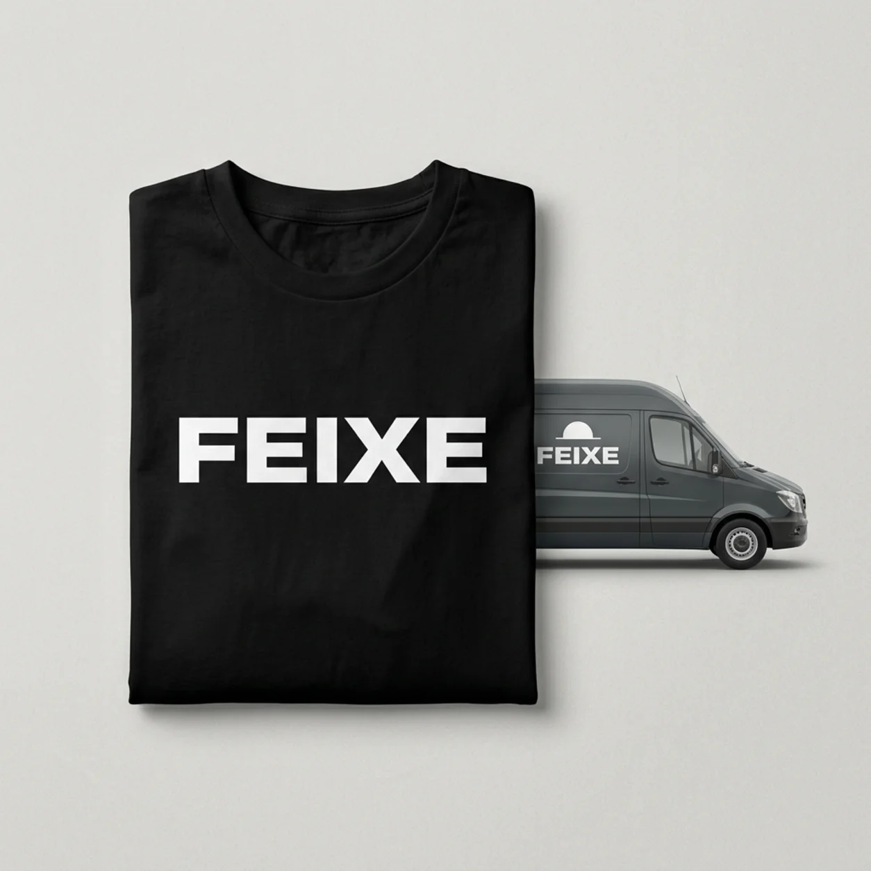 T-shirt da equipa e carrinha com o logótipo de uma empresa de som e luz