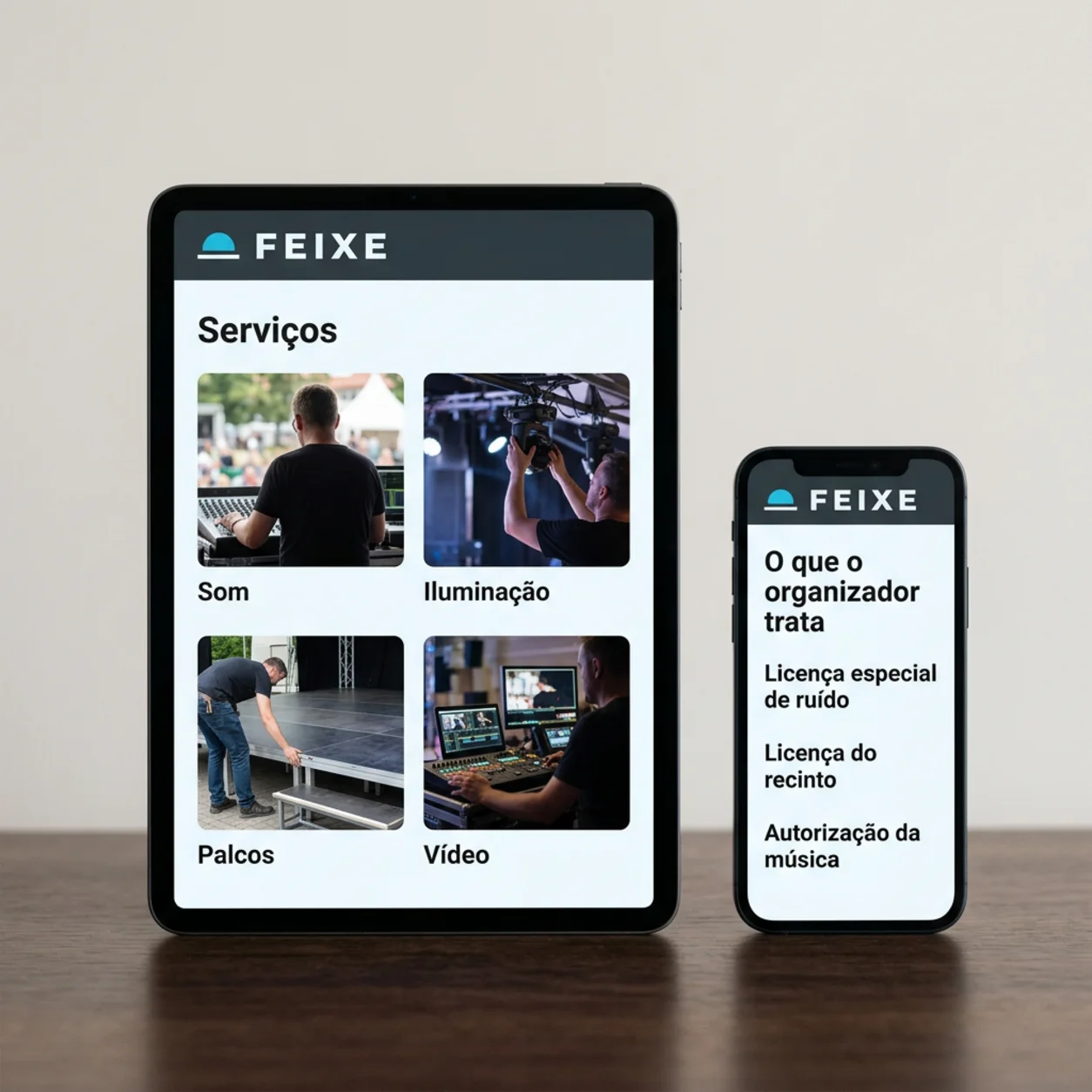 Tablet e telemóvel com as páginas de serviços e de licenças de uma empresa de som e luz