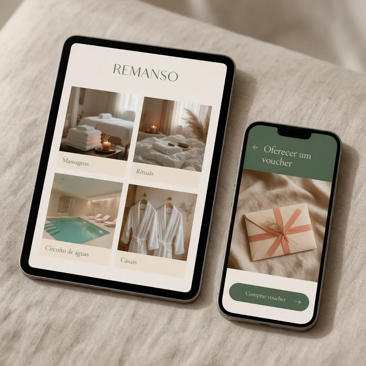 Tablet e telemóvel com a carta de rituais e os vouchers de um spa