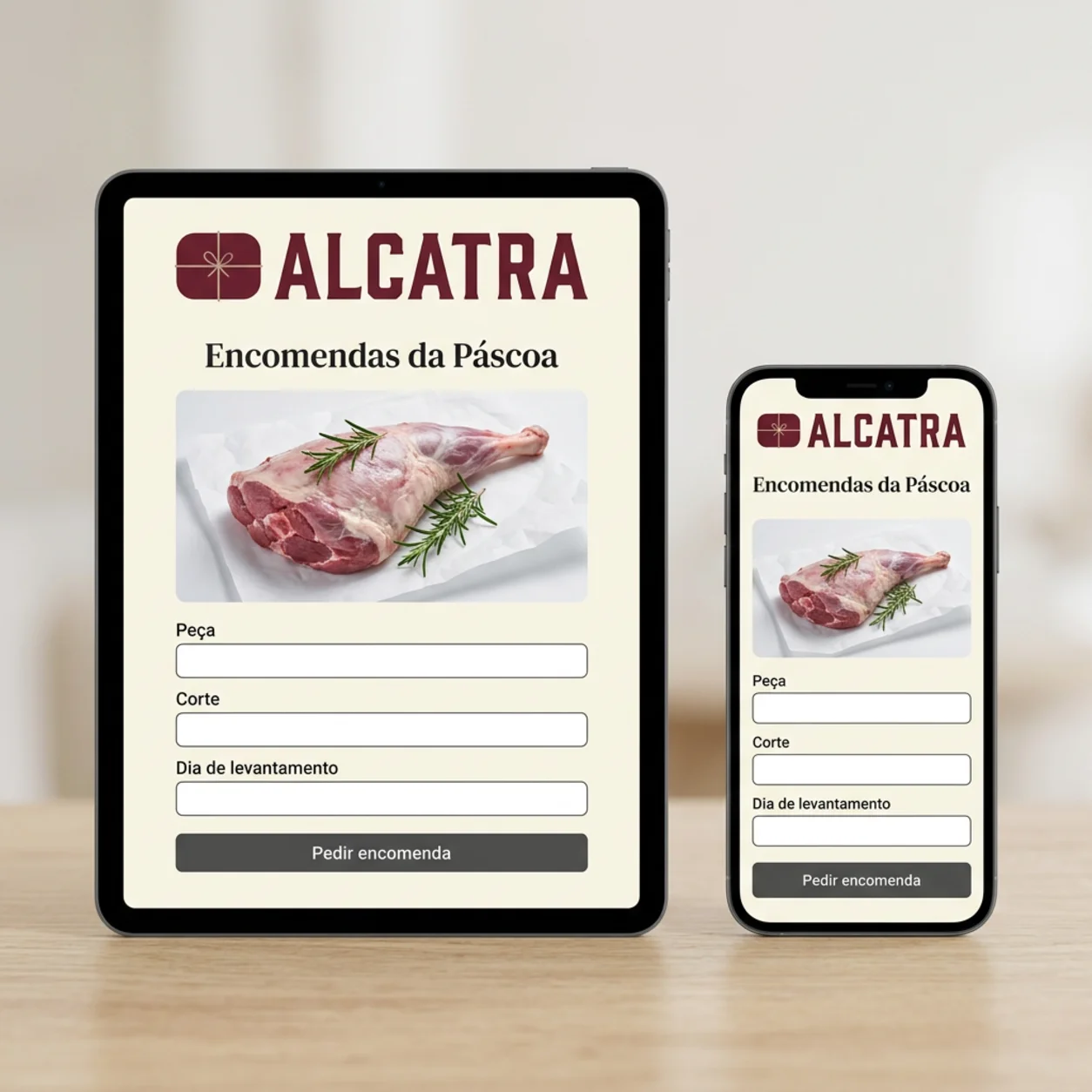 Tablet e telemóvel com a página de encomendas de época de um talho