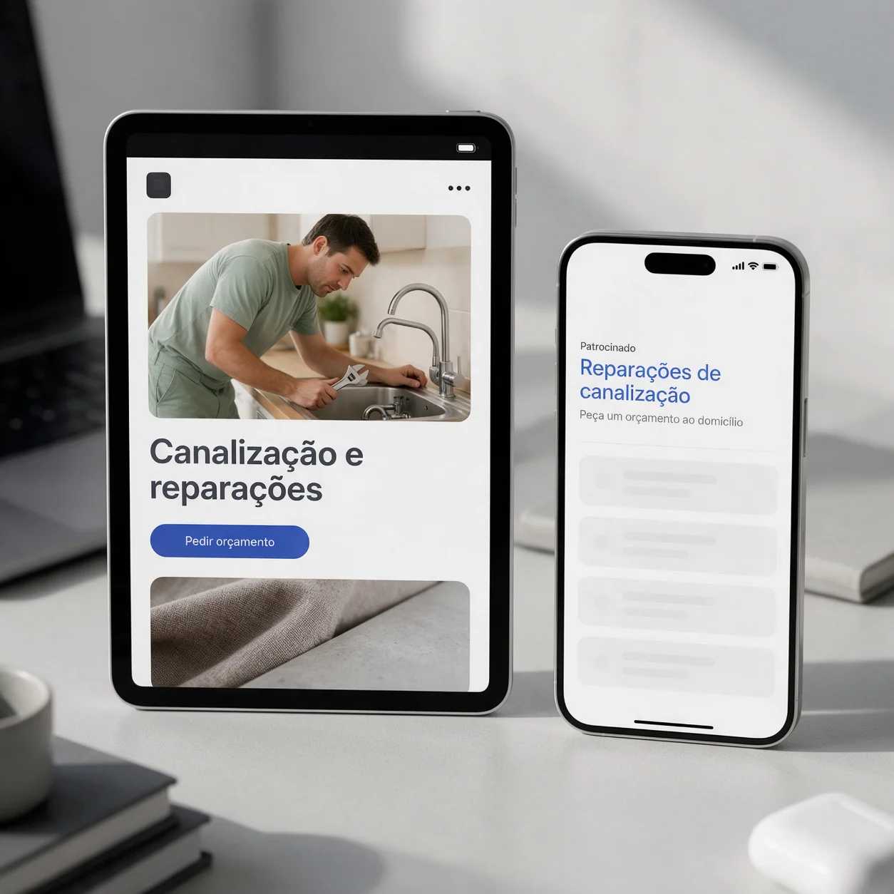 Tablet e telemóvel com um anúncio de pesquisa e a página de destino de uma empresa de canalização