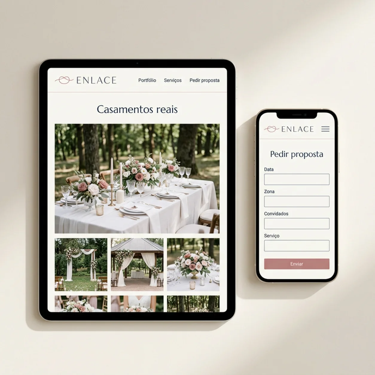 Tablet e telemóvel com um casamento real e o pedido de proposta de um wedding planner Tablet e telemóvel com um casamento real e o pedido de proposta de um wedding planner