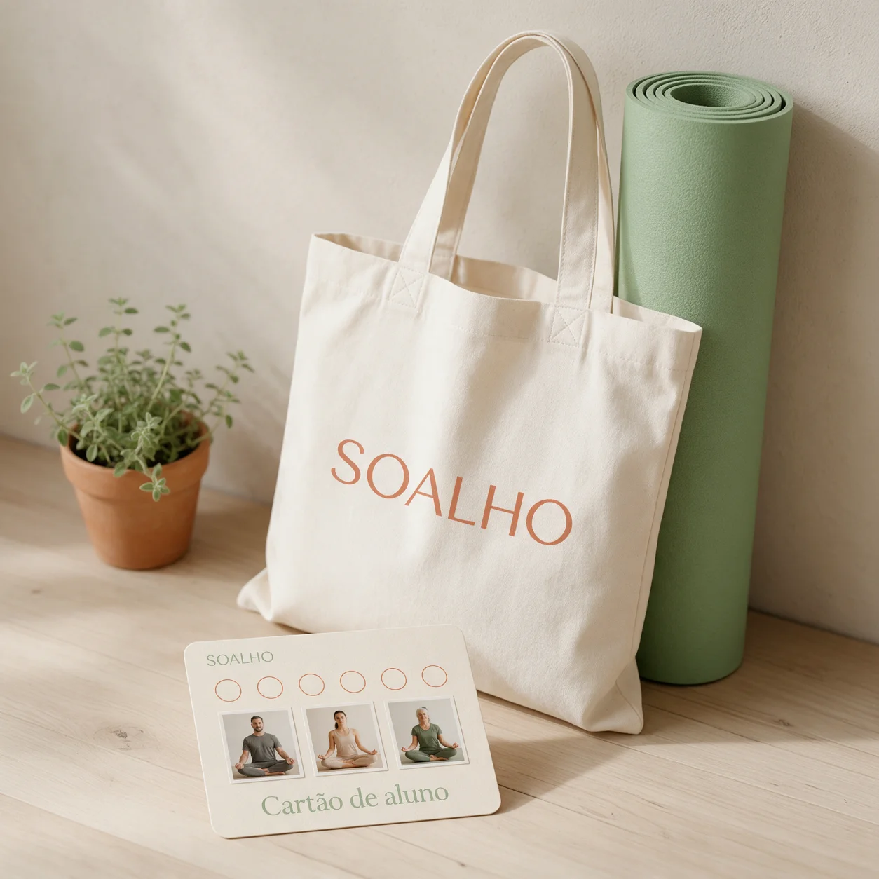 Saco de pano e cartão de aluno com o logótipo de um estúdio de yoga