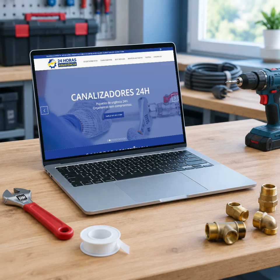 Website da 24 Horas Assistência, piquete de canalizadores e eletricistas, num portátil